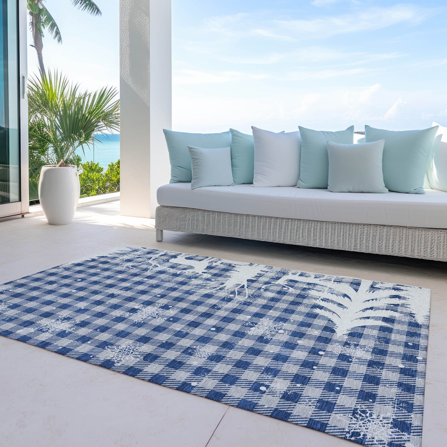 Quaora Blue Washable Indoor-Outdoor Rug