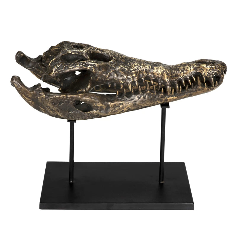 Alligator On Stand Antique Brass Large Sculpture-Statues & Sculptures-Noir-Sideboards and Things