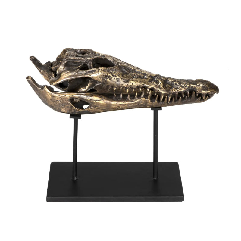 Alligator On Stand Antique Brass Medium Sculpture-Statues & Sculptures-Noir-Sideboards and Things