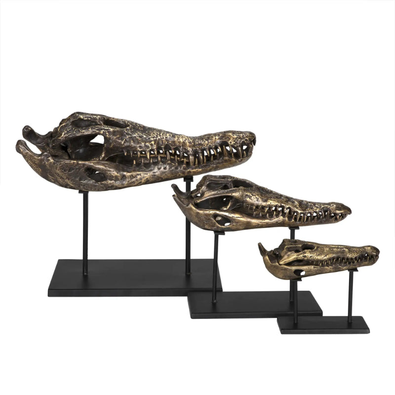 Alligator On Stand Antique Brass Medium Sculpture-Statues & Sculptures-Noir-Sideboards and Things