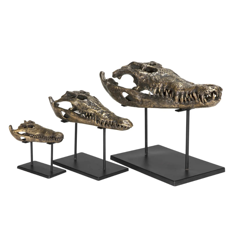 Alligator On Stand Antique Brass Medium Sculpture-Statues & Sculptures-Noir-Sideboards and Things