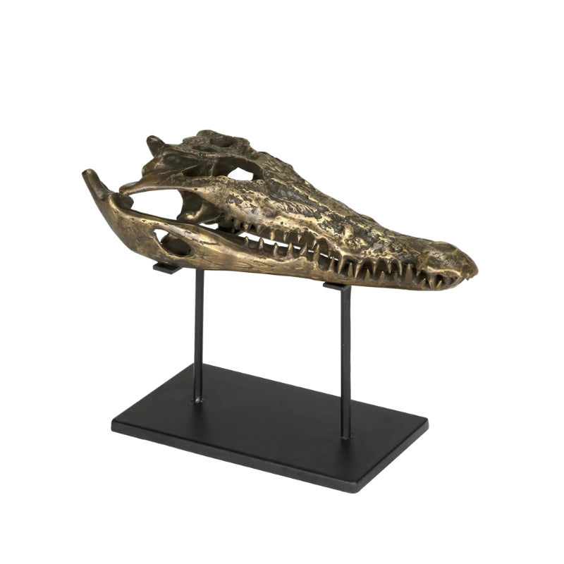 Alligator On Stand Antique Brass Medium Sculpture-Statues & Sculptures-Noir-Sideboards and Things