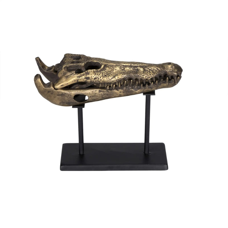 Alligator On Stand Antique Brass Small Sculpture-Statues & Sculptures-Noir-Sideboards and Things