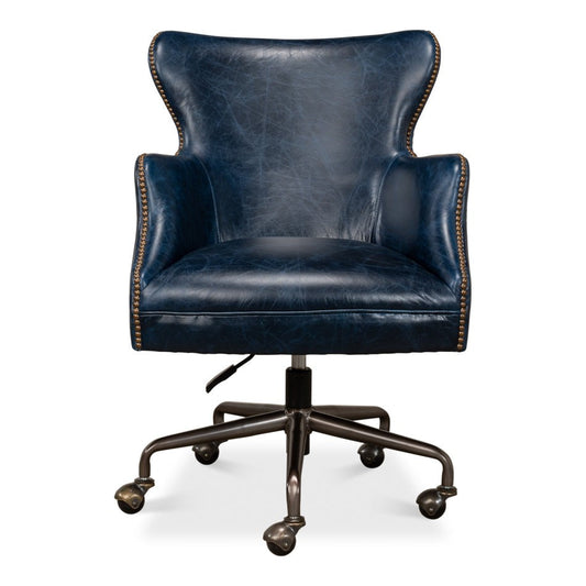 Andrew Jackson Swivel Blue Leather Desk Chair Chateau-Office Chairs-Sarreid-LOOMLAN