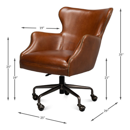 Andrew Jackson Swivel Brown Leather Desk Chair Havana Leather-Office Chairs-Sarreid-LOOMLAN