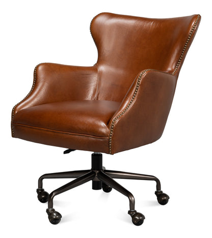 Andrew Jackson Swivel Brown Leather Desk Chair Havana Leather-Office Chairs-Sarreid-LOOMLAN