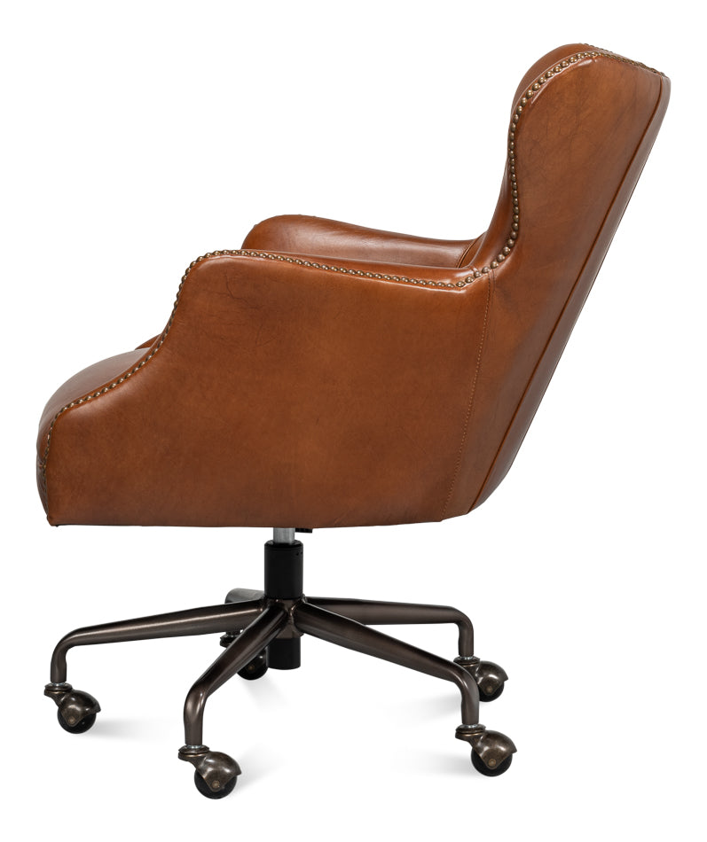 Andrew Jackson Swivel Brown Leather Desk Chair Havana Leather-Office Chairs-Sarreid-LOOMLAN