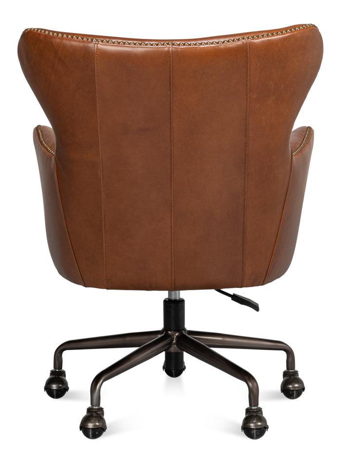 Andrew Jackson Swivel Brown Leather Desk Chair Havana Leather-Office Chairs-Sarreid-LOOMLAN