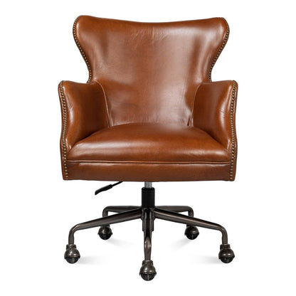 Andrew Jackson Swivel Brown Leather Desk Chair Havana Leather-Office Chairs-Sarreid-LOOMLAN