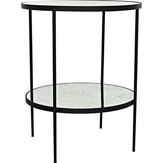 Noir Anna Black Steel Round Side Table Antiqued Mirror