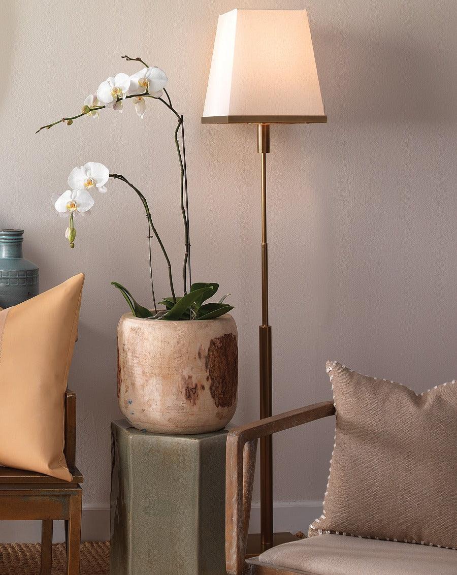 Antique Brass White Linen Jud Floor Lamp Floor Lamps Sideboards and Things By Jamie Young