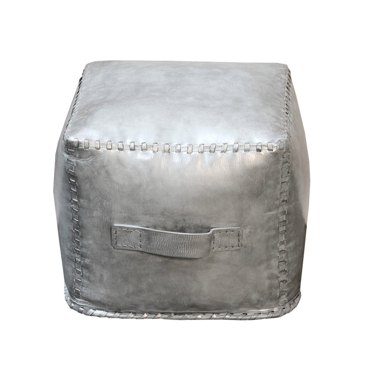 Square Silver Grey Leather Stool Ottoman Celeste