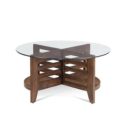 Davi Wood and Clear Glass Brown Round Cocktail Table