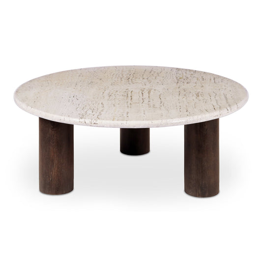 Landon Travertine and Mango Wood Beige Round Coffee Table