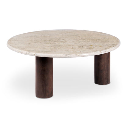 Landon Travertine and Mango Wood Beige Round Coffee Table