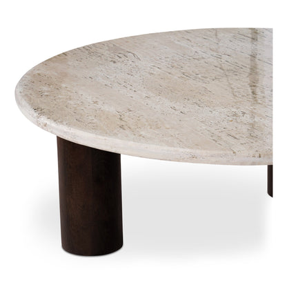 Landon Travertine and Mango Wood Beige Round Coffee Table