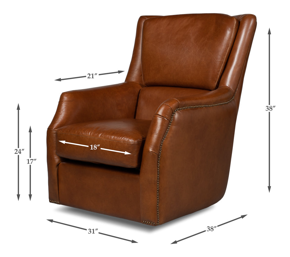 Baker Brown Leather Swivel Chair Havana Leather-Club Chairs-Sarreid-LOOMLAN