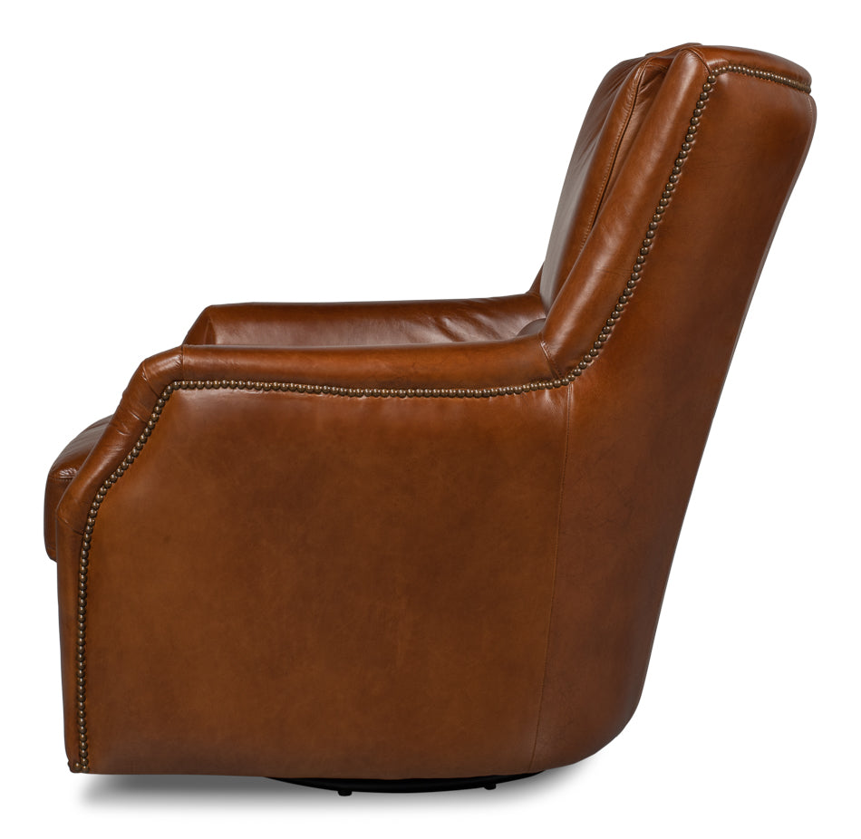 Baker Brown Leather Swivel Chair Havana Leather-Club Chairs-Sarreid-LOOMLAN