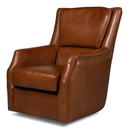 Baker Brown Leather Swivel Chair Havana Leather-Club Chairs-Sarreid-LOOMLAN