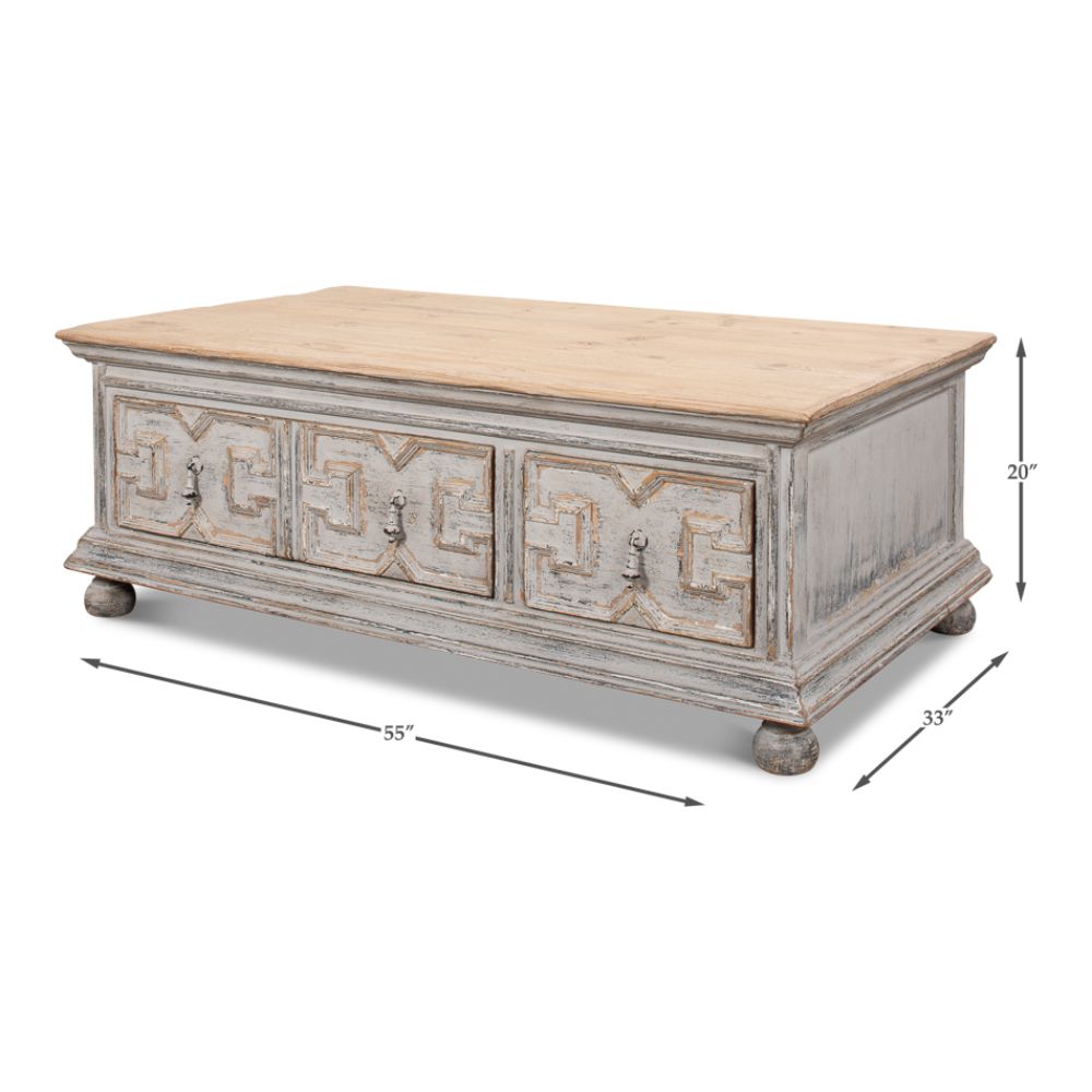 Base And Crown Coffee Table With Drawers Antiqued Grey Wash-Coffee Tables-Sarreid-LOOMLAN