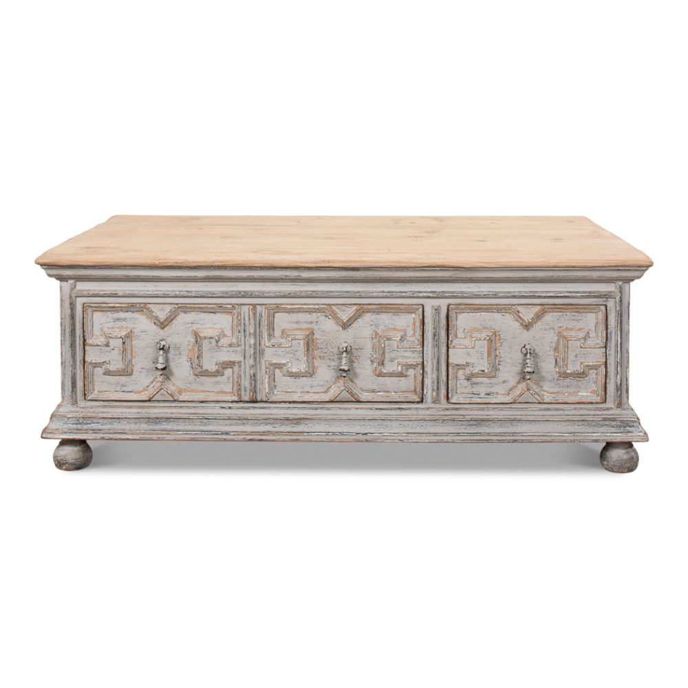 Base And Crown Coffee Table With Drawers Antiqued Grey Wash-Coffee Tables-Sarreid-LOOMLAN