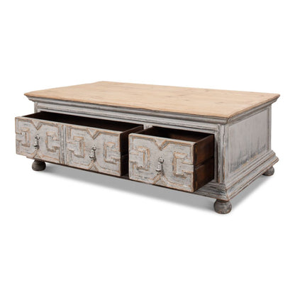 Base And Crown Coffee Table With Drawers Antiqued Grey Wash-Coffee Tables-Sarreid-LOOMLAN