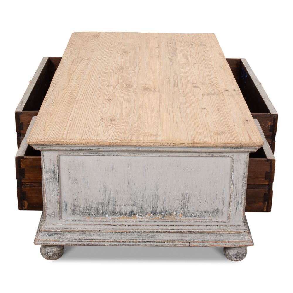 Base And Crown Coffee Table With Drawers Antiqued Grey Wash-Coffee Tables-Sarreid-LOOMLAN