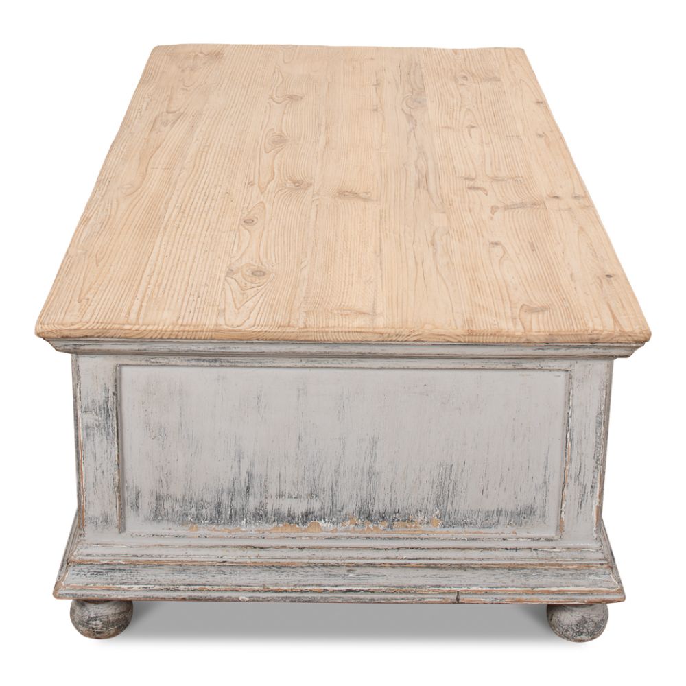 Base And Crown Coffee Table With Drawers Antiqued Grey Wash-Coffee Tables-Sarreid-LOOMLAN