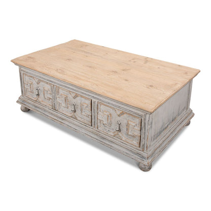 Base And Crown Coffee Table With Drawers Antiqued Grey Wash-Coffee Tables-Sarreid-LOOMLAN