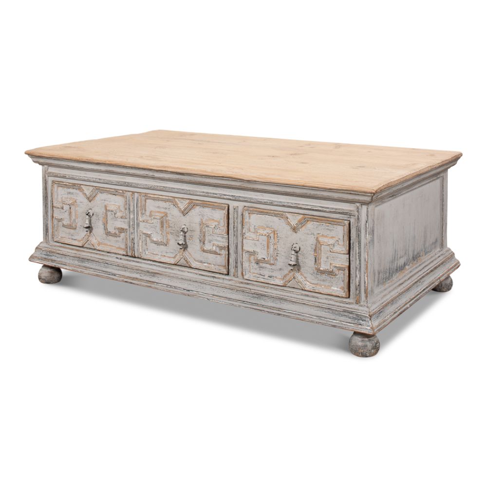 Base And Crown Coffee Table With Drawers Antiqued Grey Wash-Coffee Tables-Sarreid-LOOMLAN