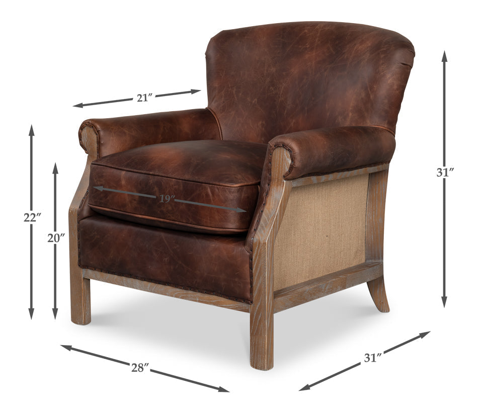 Benjamin Club Chair Brown Leather-Accent Chairs-Sarreid-LOOMLAN