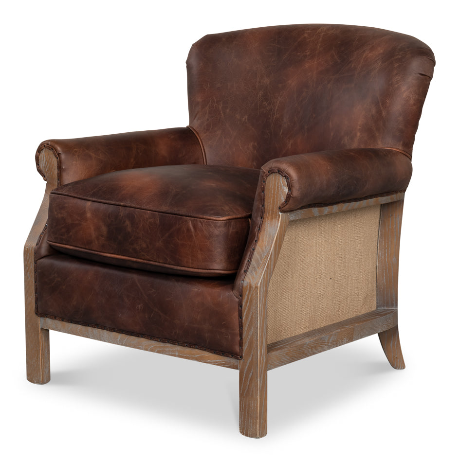 Benjamin Club Chair Brown Leather-Accent Chairs-Sarreid-LOOMLAN