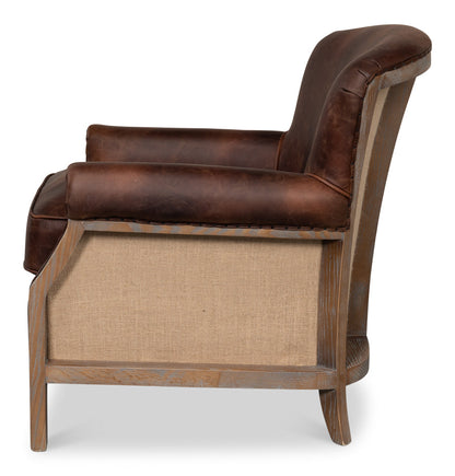 Benjamin Club Chair Brown Leather-Accent Chairs-Sarreid-LOOMLAN