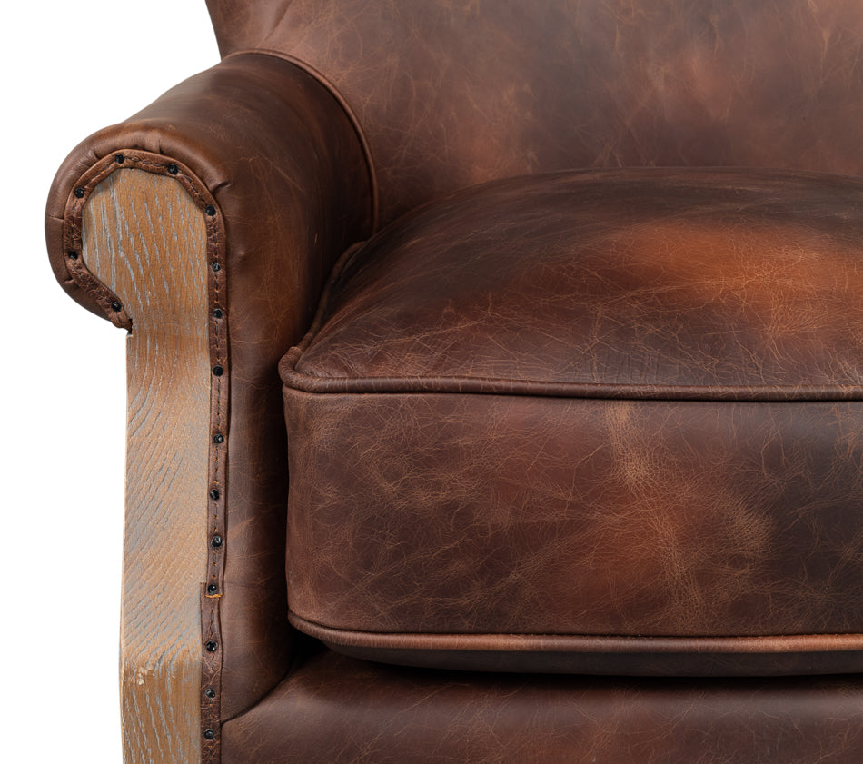 Benjamin Club Chair Brown Leather-Accent Chairs-Sarreid-LOOMLAN