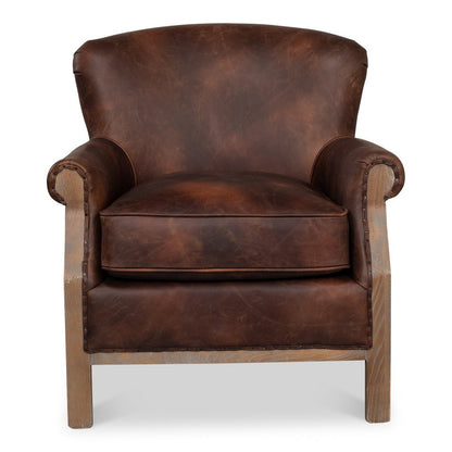 Benjamin Club Chair Brown Leather-Accent Chairs-Sarreid-LOOMLAN