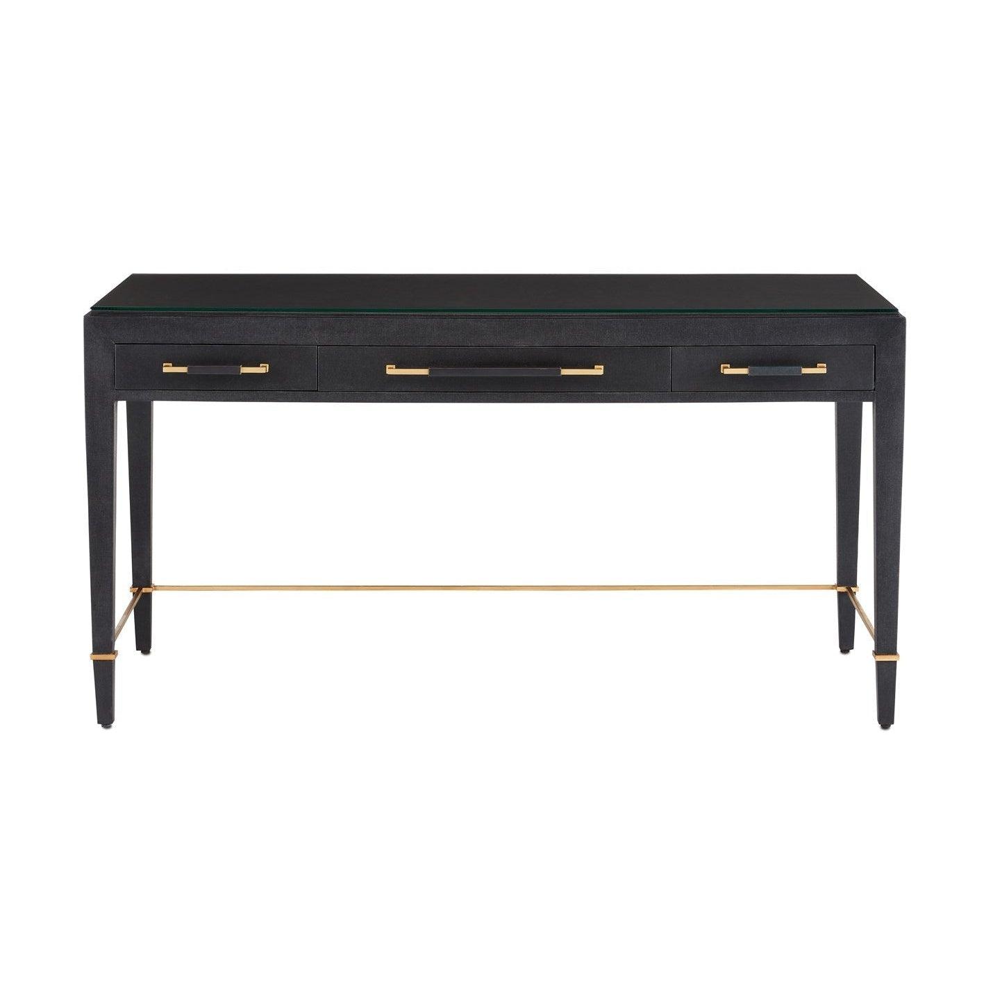 Black Lacquered Linen Champagne Metal Verona Black Large Desk Home Office Desks Sideboards and Things By Currey & Co