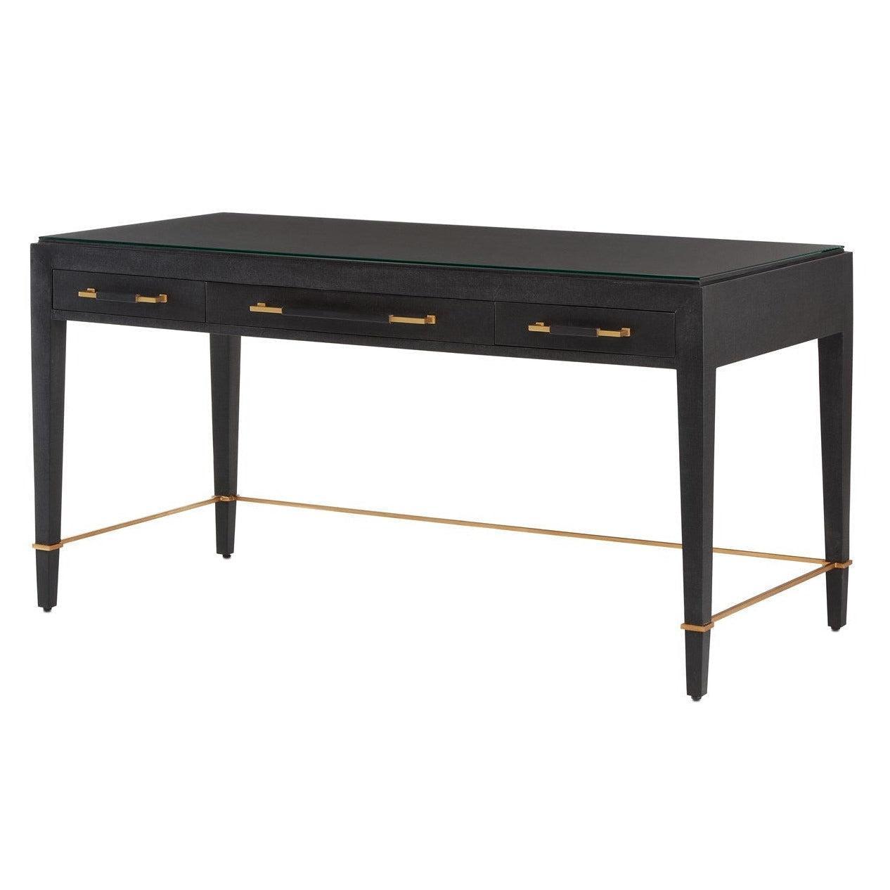 Black Lacquered Linen Champagne Metal Verona Black Large Desk Home Office Desks Sideboards and Things By Currey & Co