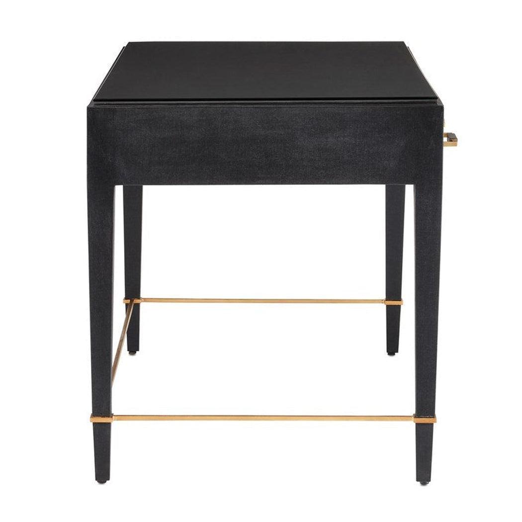 Black Lacquered Linen Champagne Metal Verona Black Large Desk Home Office Desks Sideboards and Things By Currey & Co