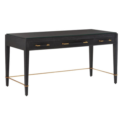 Black Lacquered Linen Champagne Metal Verona Black Large Desk Home Office Desks Sideboards and Things By Currey & Co