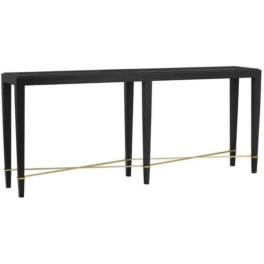 Black Lacquered Linen Champagne Verona Black Console Table Console Tables Sideboards and Things By Currey & Co