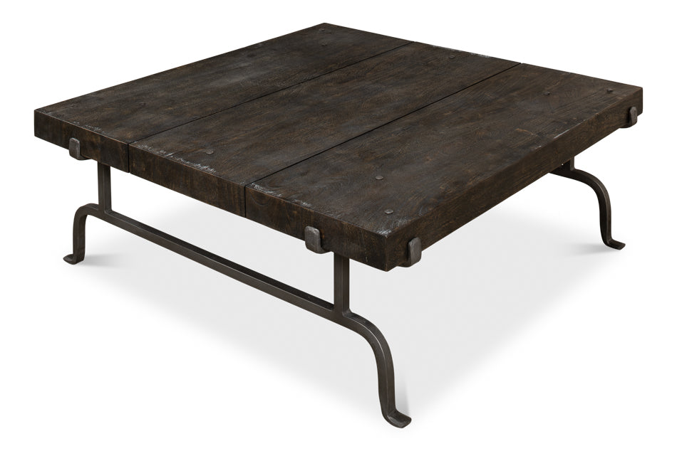 Blayne Coffee Table Square Wood Top Iron Base-Coffee Tables-Sarreid-LOOMLAN