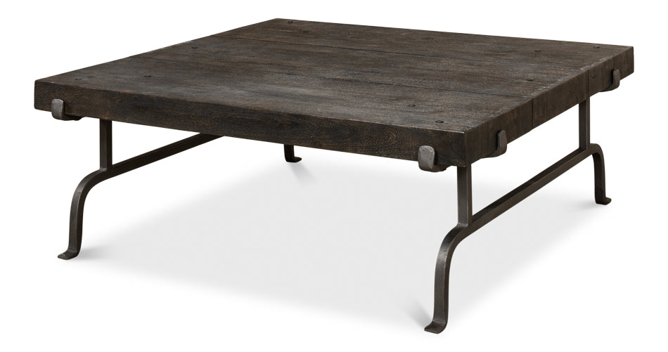 Blayne Coffee Table Square Wood Top Iron Base-Coffee Tables-Sarreid-LOOMLAN