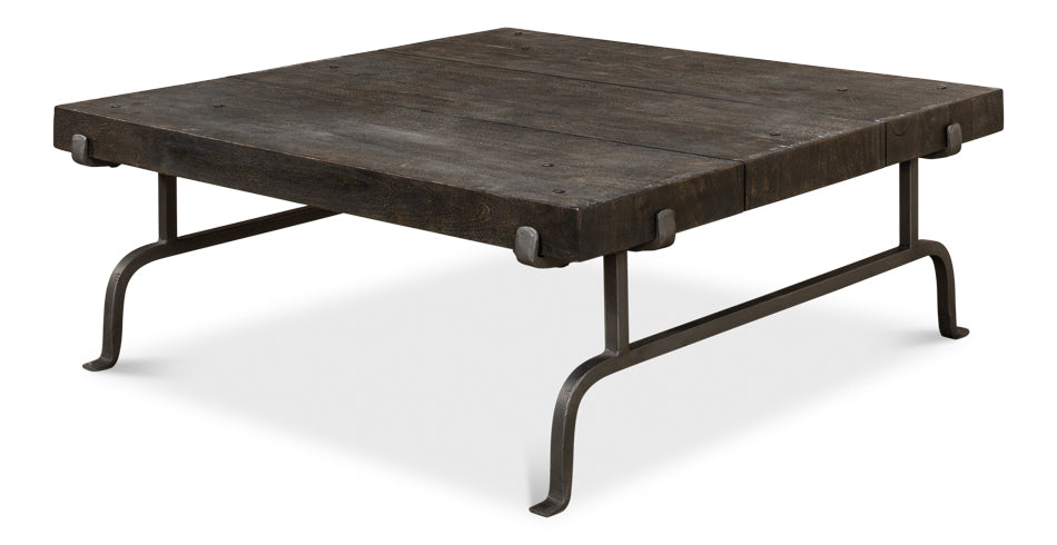 Blayne Coffee Table Square Wood Top Iron Base-Coffee Tables-Sarreid-LOOMLAN