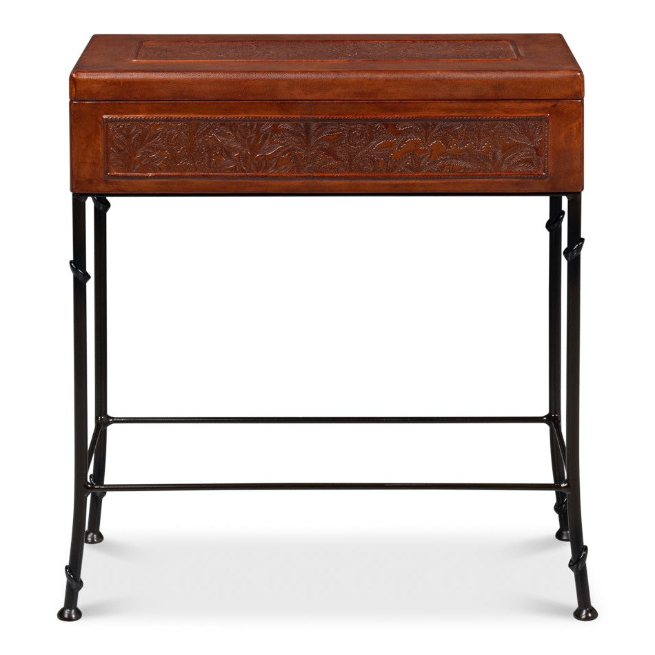 Botanical Side Table Leather Box On Stand-Side Tables-Sarreid-LOOMLAN