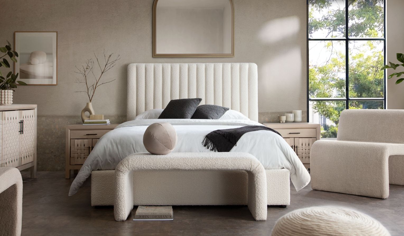 Diamond Sofa Brooke Ivory Fabric Vertical Channel Tufted Bed