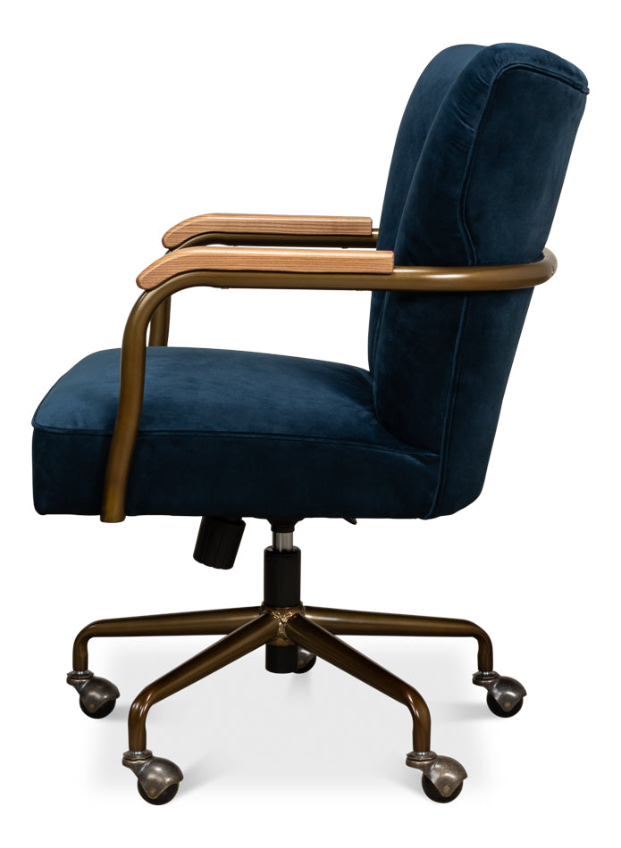 Brooks Home Office Swivel Chair Blue Velvet-Office Chairs-Sarreid-LOOMLAN