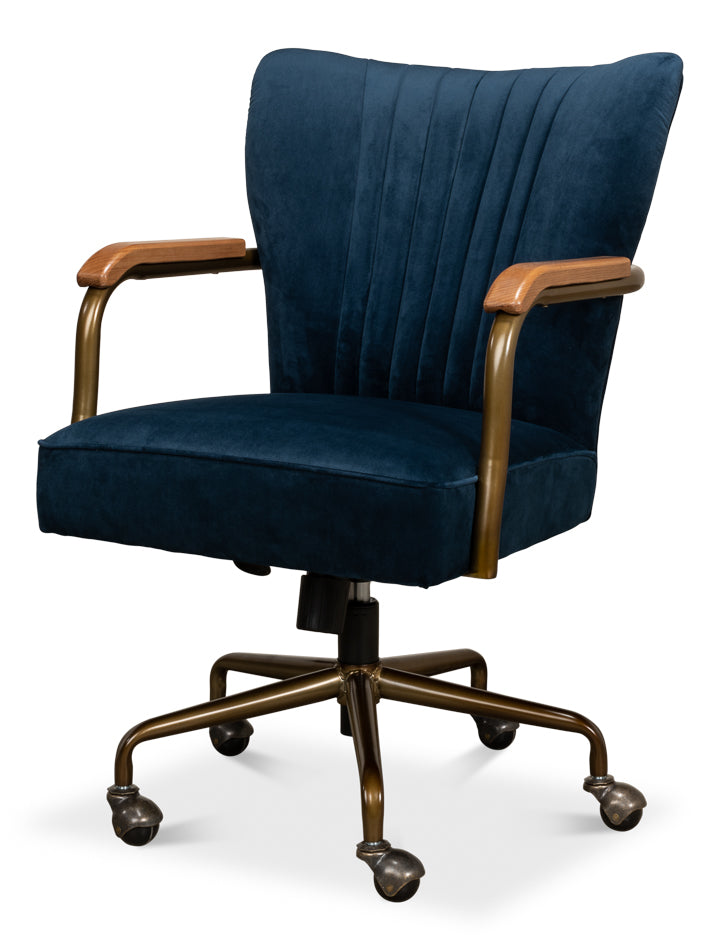 Brooks Home Office Swivel Chair Blue Velvet-Office Chairs-Sarreid-LOOMLAN