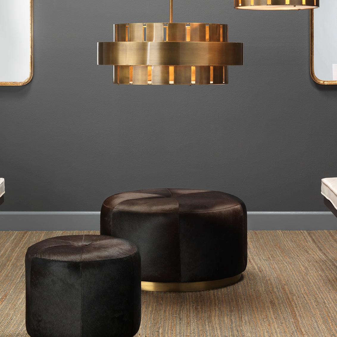 Brown Hide & Gold Accents Small Thackeray Round Pouf Poufs and Stools Sideboards and Things By Jamie Young