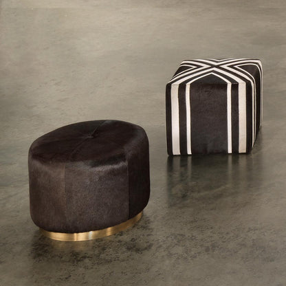 Brown Hide & Gold Accents Small Thackeray Round Pouf Poufs and Stools Sideboards and Things By Jamie Young