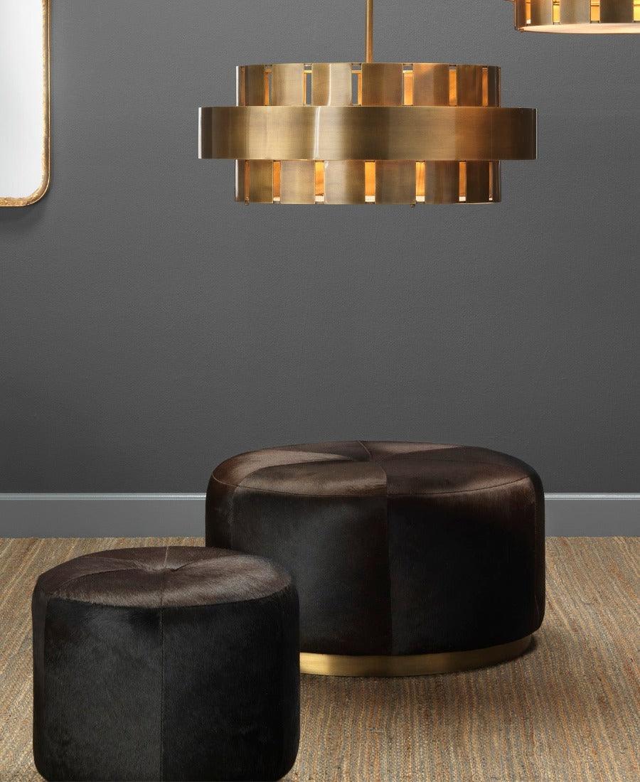 Brown Hide & Gold Accents Small Thackeray Round Pouf Poufs and Stools Sideboards and Things By Jamie Young